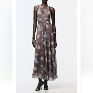Zara Floral Print Cut-out Halter Neck Stretch Tulle Maxi Dress Sz-M